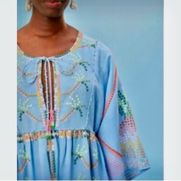 NEW FARM Rio Embroidered Pineapple Maxi Dress Beaded Tassel Linen Blue Size M - Picture 3 of 16